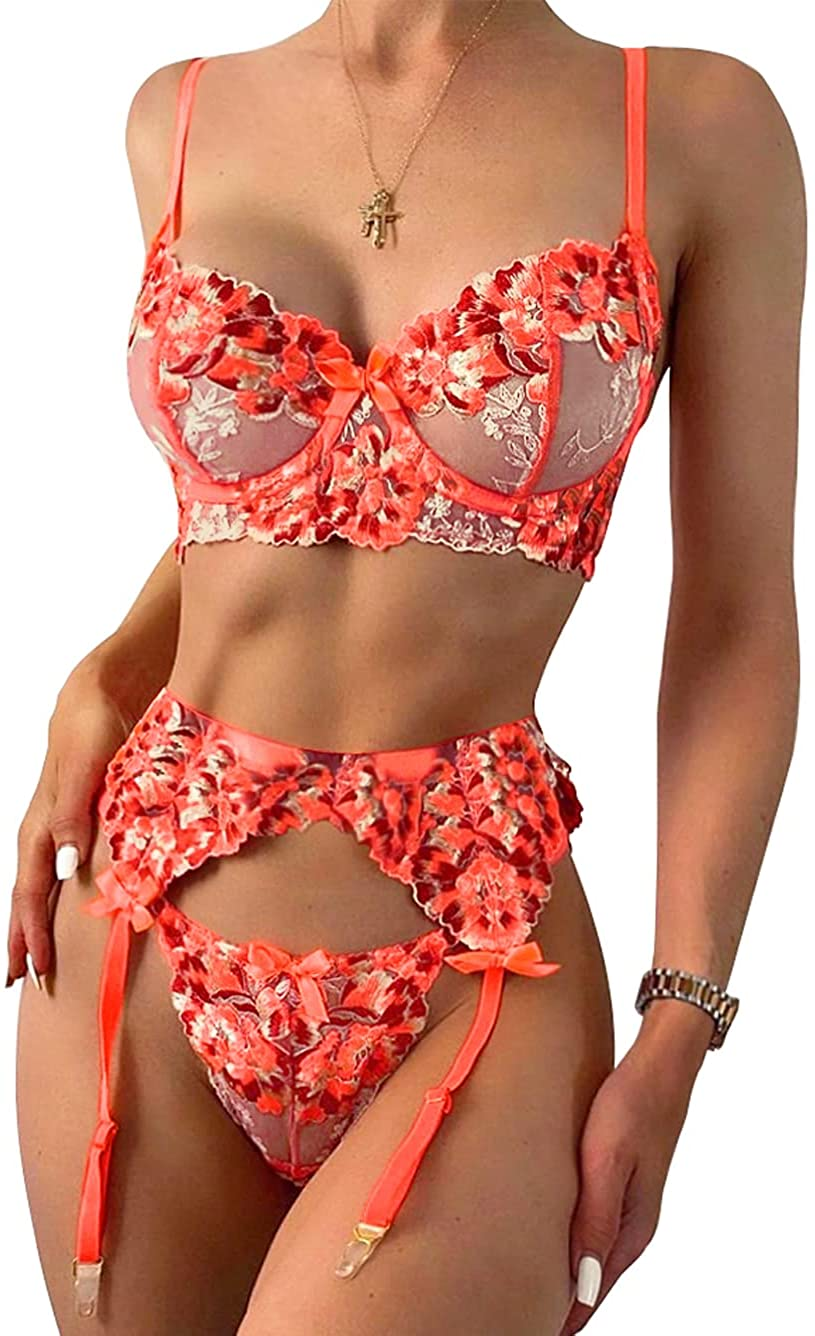 Garter Lingerie for Women,Sexy Lace Lingerie,Sheer Matching 3 Piece Lingerie Set Apparel & Accessories > Clothing > Underwear & Socks > Lingerie Kaei&Shi Orange 8-10