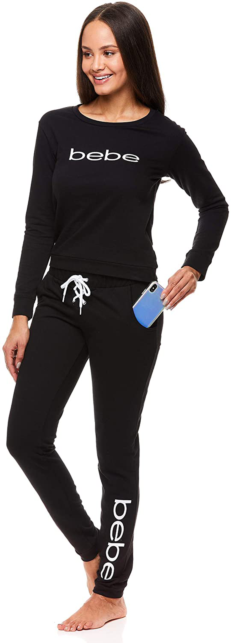 bebe Womens Cuffed Long Sleeve Shirt and Skinny Lounge Pajama Pants Sleep Set Apparel & Accessories > Clothing > Sleepwear & Loungewear > Pajamas bebe Black W/ Pockets Large