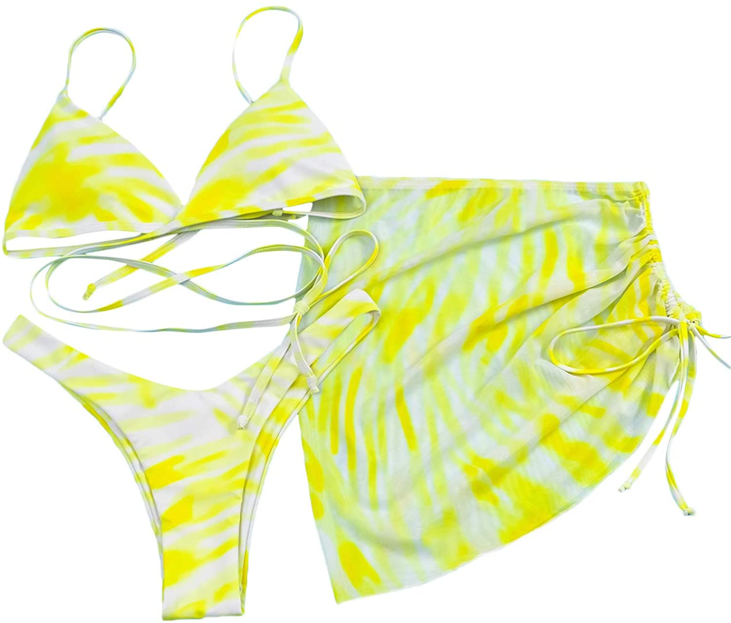 SOLY HUX Women'S Tie Dye Wrap Bikini Bathing Suits with Mesh Beach Skirt 3 Piece Swimsuits Apparel & Accessories > Clothing > Underwear & Socks > Lingerie KYLIE MAX Yellow Large
