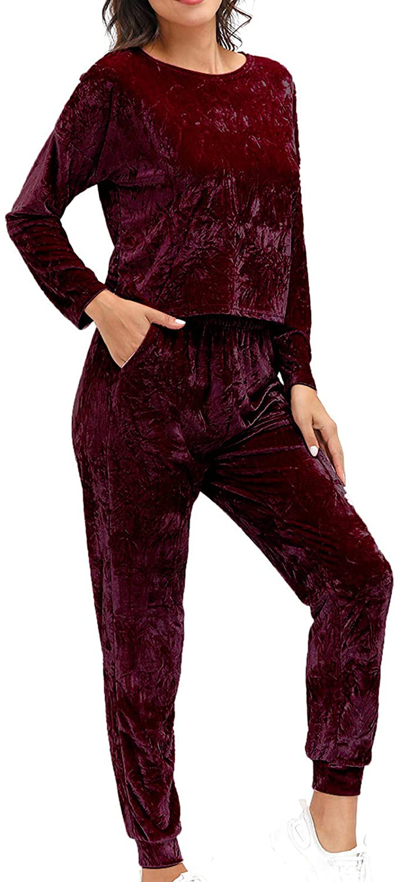Velvet Lounge Set For Women - Wrinkle Solid Two Piece Loungewear Pajamas Tracksuit Sets Apparel & Accessories > Clothing > Sleepwear & Loungewear > Pajamas Lexiart Burgundy Small