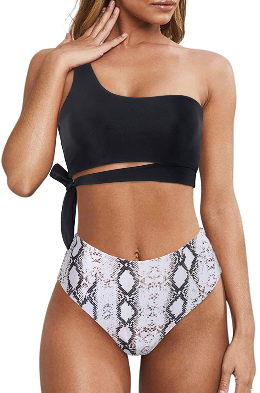 MOOSLOVER Women One Shoulder High Waisted Bikini Tie High Cut Two Piece Swimsuits Apparel & Accessories > Clothing > Swimwear MOOSLOVER Black-snake Small