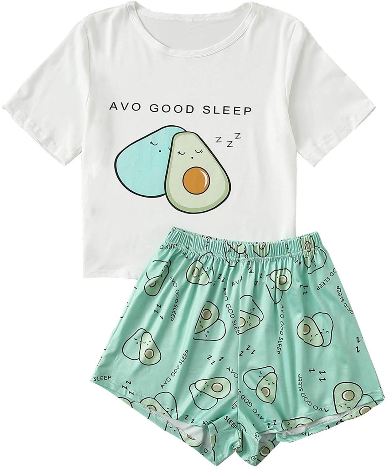 DIDK Women's Cute Cartoon Print Tee and Shorts Pajama Set Apparel & Accessories > Clothing > Sleepwear & Loungewear > Pajamas DIDK Avocado Summer Green Medium