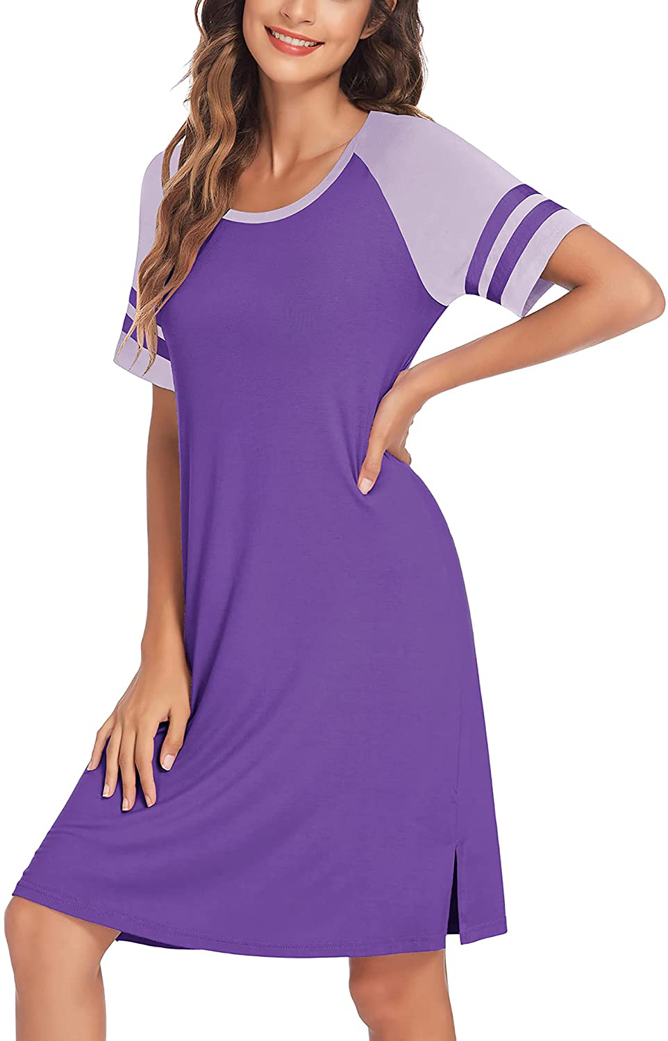 Hotouch Nightshirts Womens Nightgowns Raglan Striped Short Sleeve Sleepwear Comfy Sleepshirt S-XXL Apparel & Accessories > Clothing > Sleepwear & Loungewear > Nightgowns Kylie Max