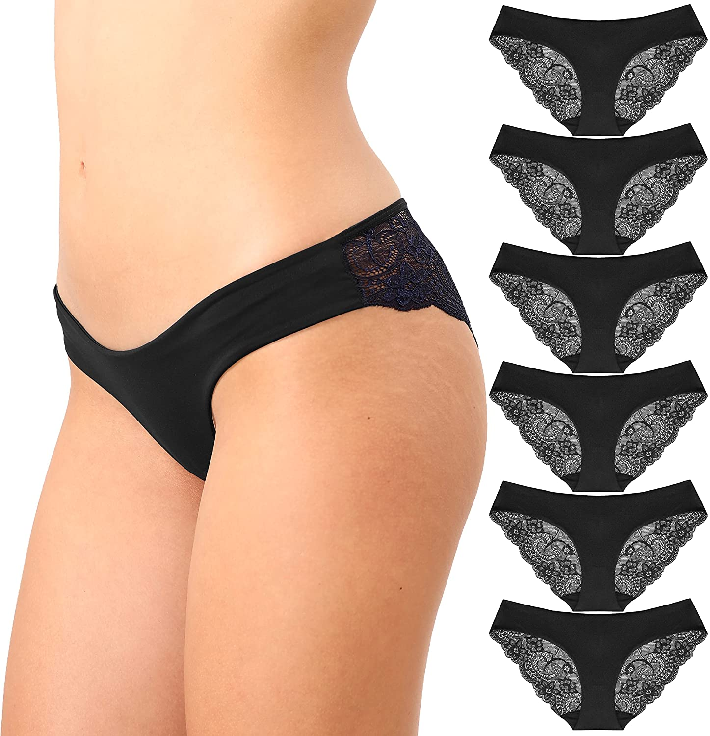 Kingfung 3-6 Pack Women'S Invisible Seamless Bikini Underwear Half Back Coverage Panties Apparel & Accessories > Clothing > Underwear & Socks > Underwear Kingfung Black-6pack Large