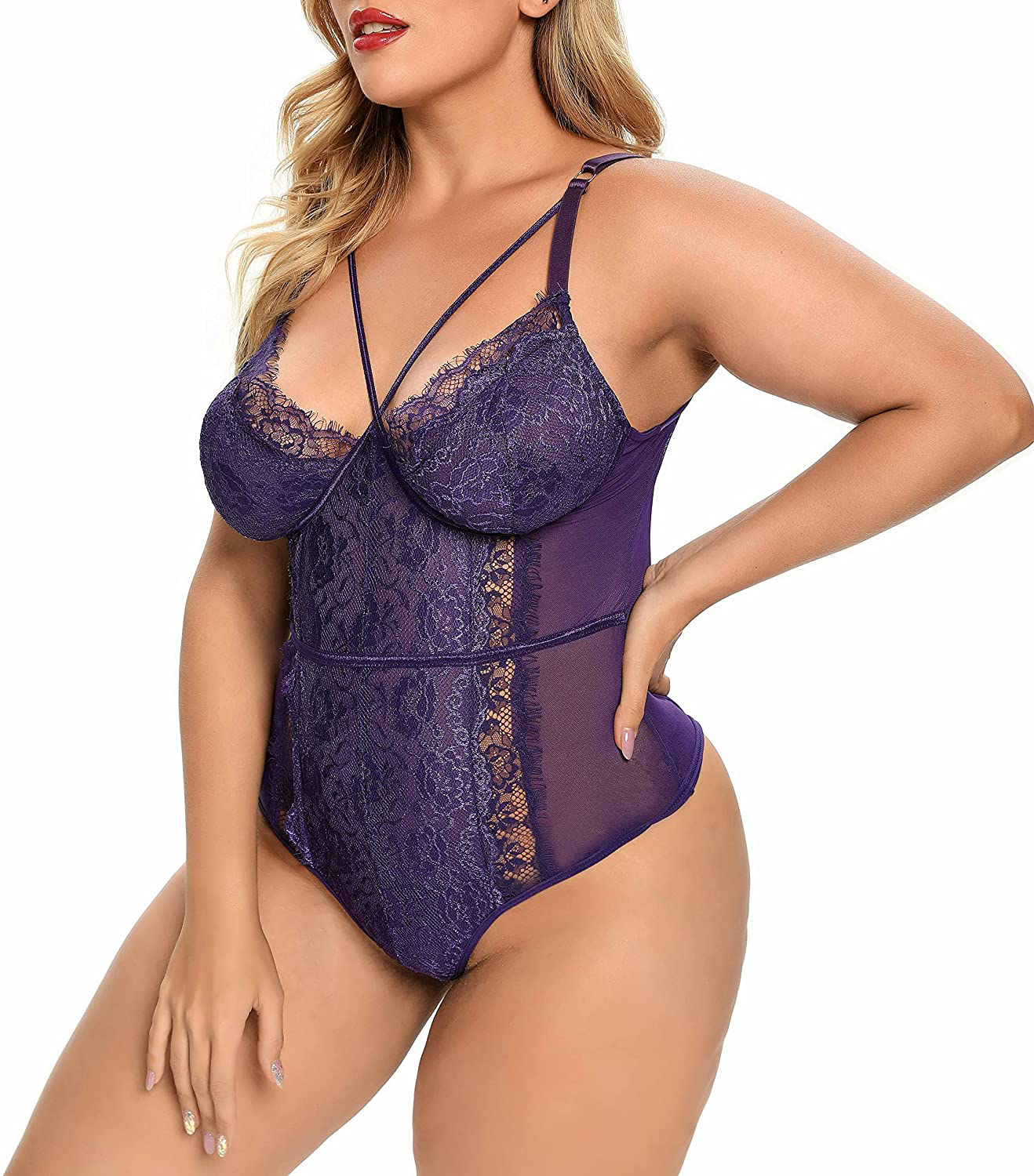 Plus Size Lingerie for Women Sexy Eyelash Lace Bodysuit Naughty Mesh One Piece Teddy Outfits Apparel & Accessories > Clothing > Underwear & Socks > Lingerie KYLIE MAX