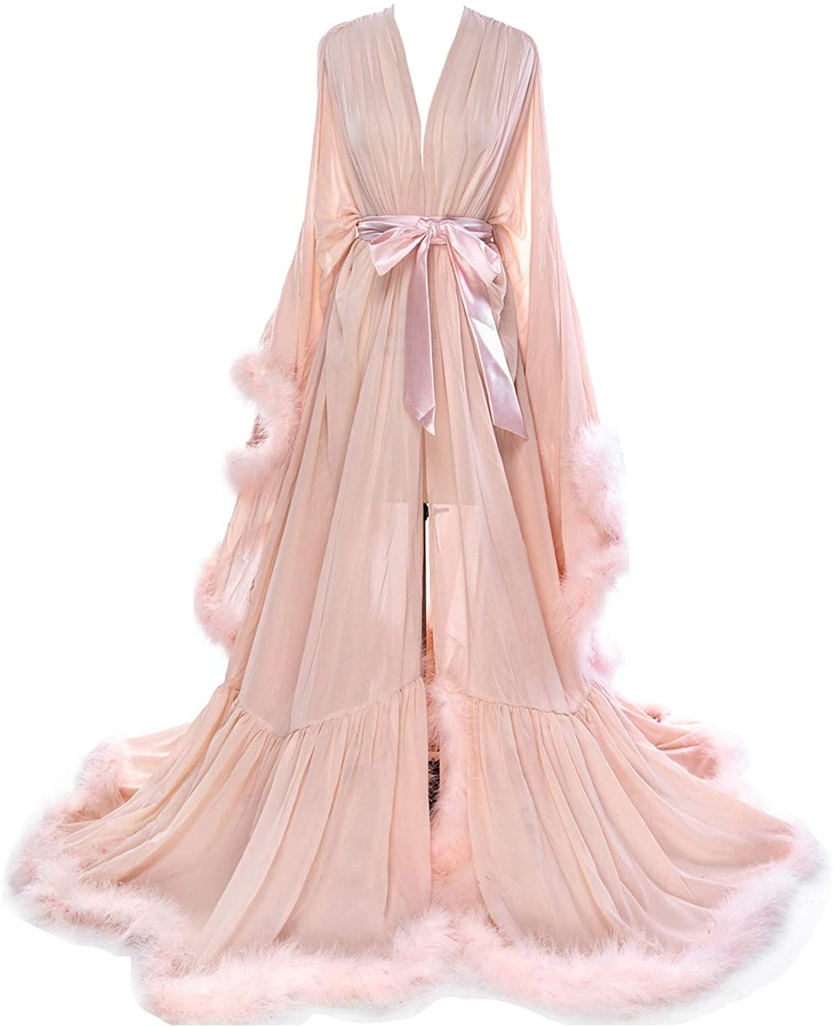 Molisa Women'S Sexy Feather Bridal Robe Long Wedding Scarf Illusion Bathrobe Sleepwear Lingerie Robe Nightgown Apparel & Accessories > Clothing > Sleepwear & Loungewear > Robes Molisa Blush 4X-Large