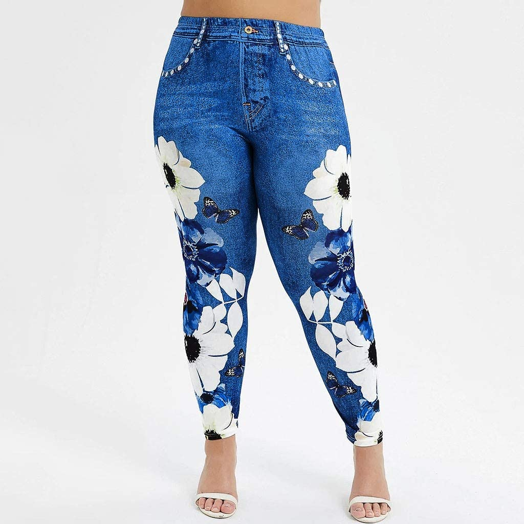 Burband Womens plus Size Stretch Drawstring Stretch Floral Print Jersey Capri Leggings High Rise Skinny Jeans Pants S-5XL Apparel & Accessories > Clothing > Underwear & Socks > Shapewear Burband