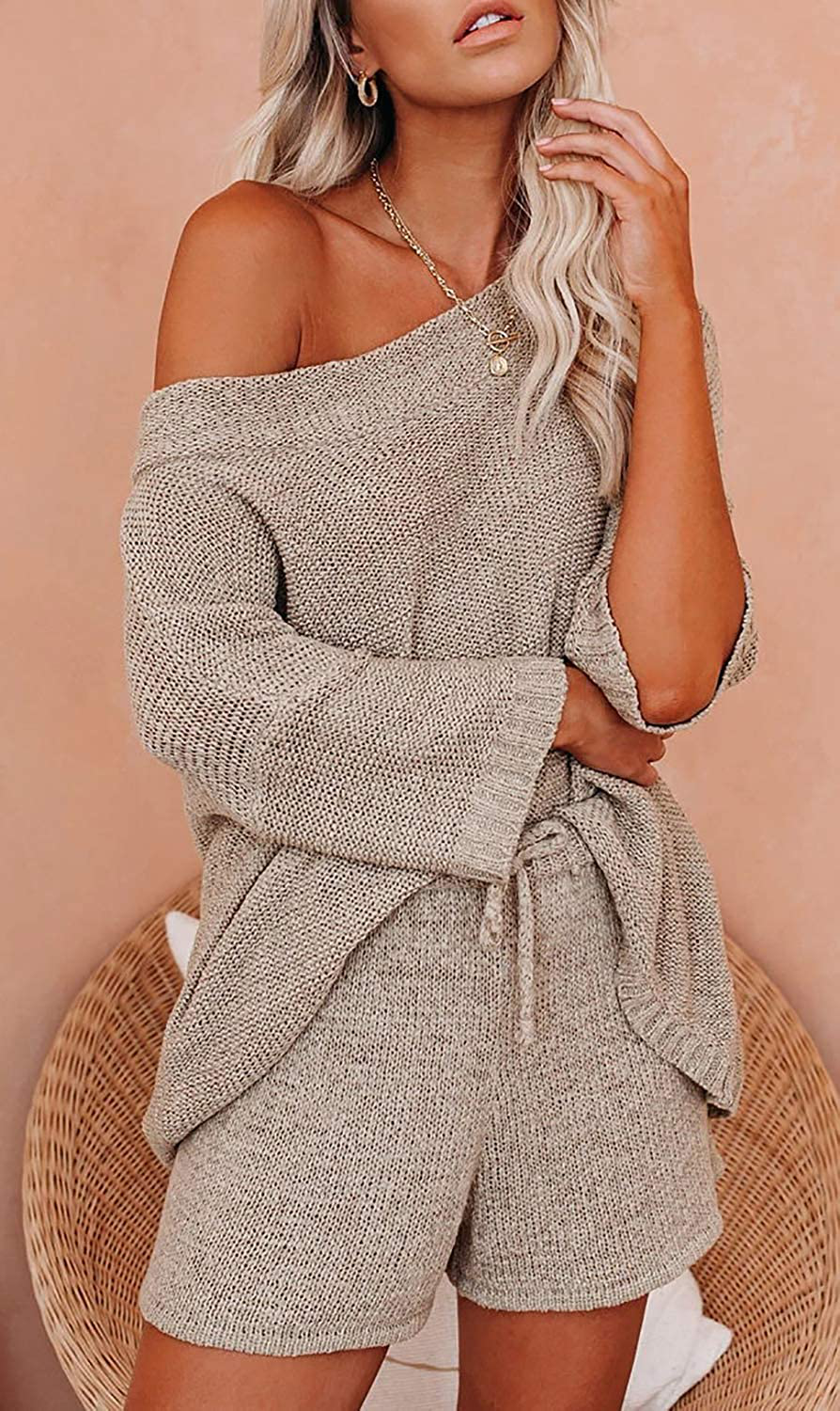 Ermonn Womens 2 Piece Outfits Sweater Sets off Shoulder Knit Tops Waist Short Suits Casual Pajama Set Apparel & Accessories > Clothing > Sleepwear & Loungewear Kylie Max