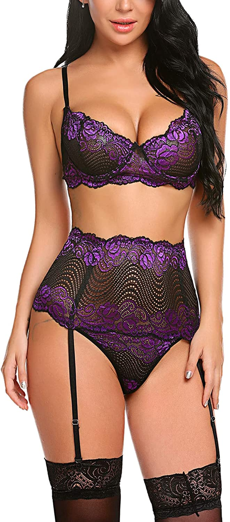 Avidlove Women Lingerie Set with Garter Belts Sexy Bra and Panty Underwire Lingerie Sets Apparel & Accessories > Clothing > Underwear & Socks > Lingerie Avidlove Purple Medium