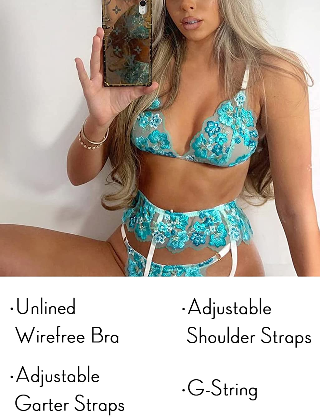 Kaei&Shi Floral Embroidered Lace Sheer,Triangle Bralette,G-String,Garter Lingerie Set Apparel & Accessories > Clothing > Underwear & Socks > Lingerie Kaei&Shi
