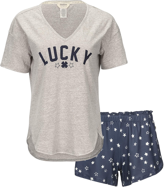 Lucky Brand Women's Drapy Graphic Tee T-Shirt and Short Pajama Set Apparel & Accessories > Clothing > Sleepwear & Loungewear > Pajamas Lucky Brand Heather Grey Large