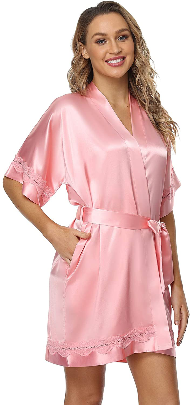 The Bund Women'S Short Robes Lace Bride Bridesmaids Sexy Bathrobe Satin Spa Robe Pure Color Apparel & Accessories > Clothing > Sleepwear & Loungewear > Robes The Bund Z-pink X-Large