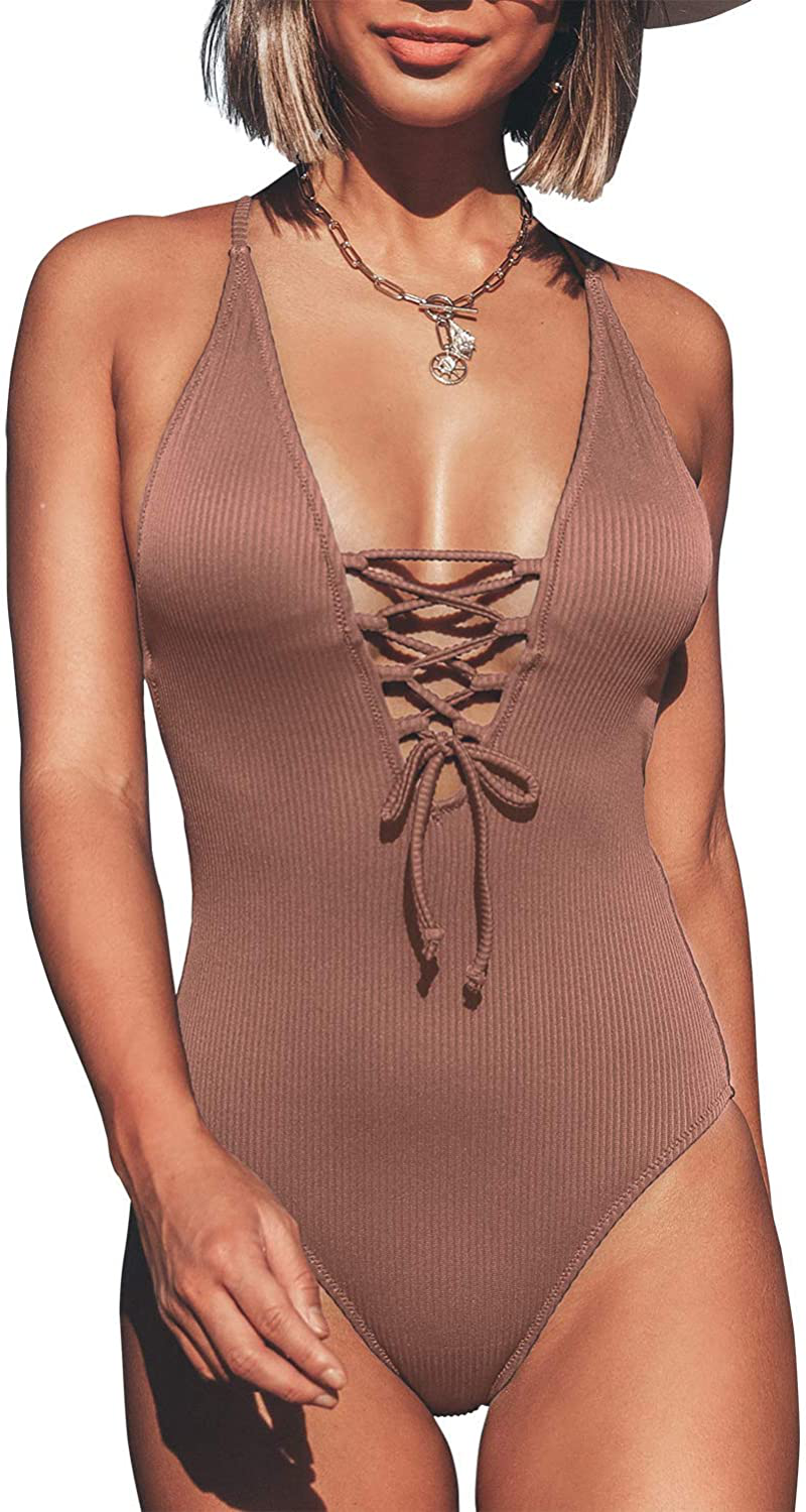 CUPSHE Women's Solid Color V Neck Lace Up One Piece Swimsuit Apparel & Accessories > Clothing > Swimwear CUPSHE Caramel Medium