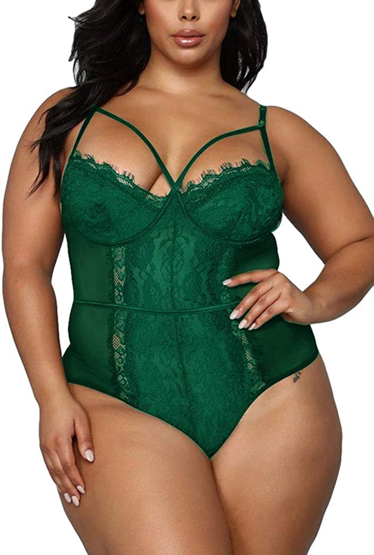 Plus Size Lingerie for Women Sexy Eyelash Lace Bodysuit Naughty Mesh One Piece Teddy Outfits Apparel & Accessories > Clothing > Underwear & Socks > Lingerie Ella Lust Green 4X-Large