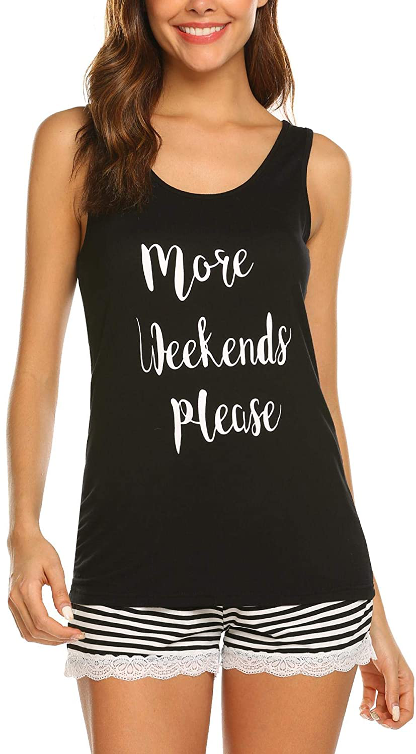 Ekouaer Womens Pajama Set Sleeveless Tank Top and Shorts Pj Set Lace Hem Sleepwear S-XXL Apparel & Accessories > Clothing > Sleepwear & Loungewear > Pajamas Ekouaer Black X-Large