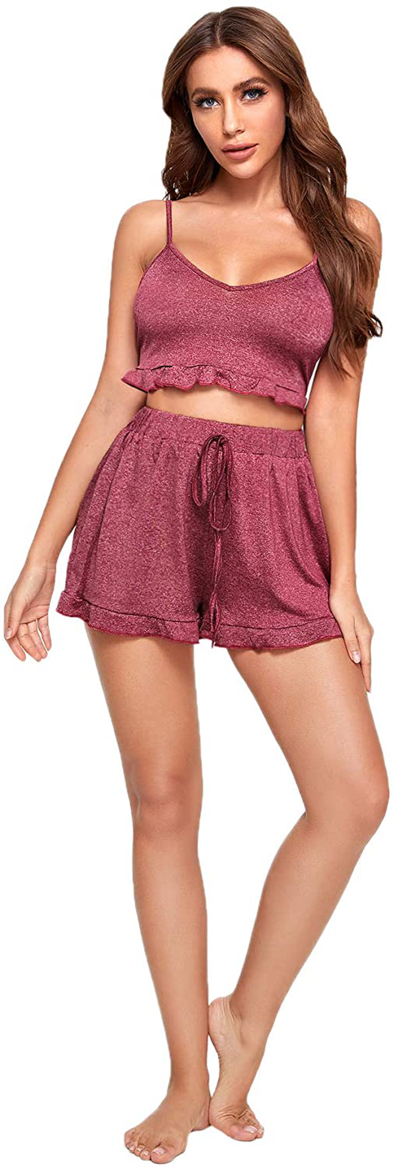 Shein Women'S 2 Pieces V Neck Cami Crop Top and Frill Trim Shorts Pajama Set Outfit Apparel & Accessories > Clothing > Sleepwear & Loungewear Kylie Max