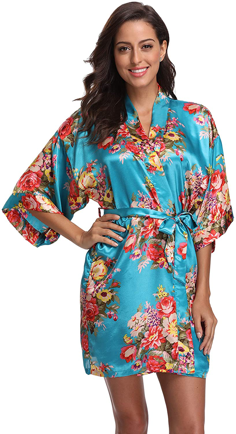 Floral Robes for Women Bride Bridesmaid Short Kimono Robe Satin Dressing Gown for Wedding Party Apparel & Accessories > Clothing > Sleepwear & Loungewear > Robes CostumeDeals Blue Small