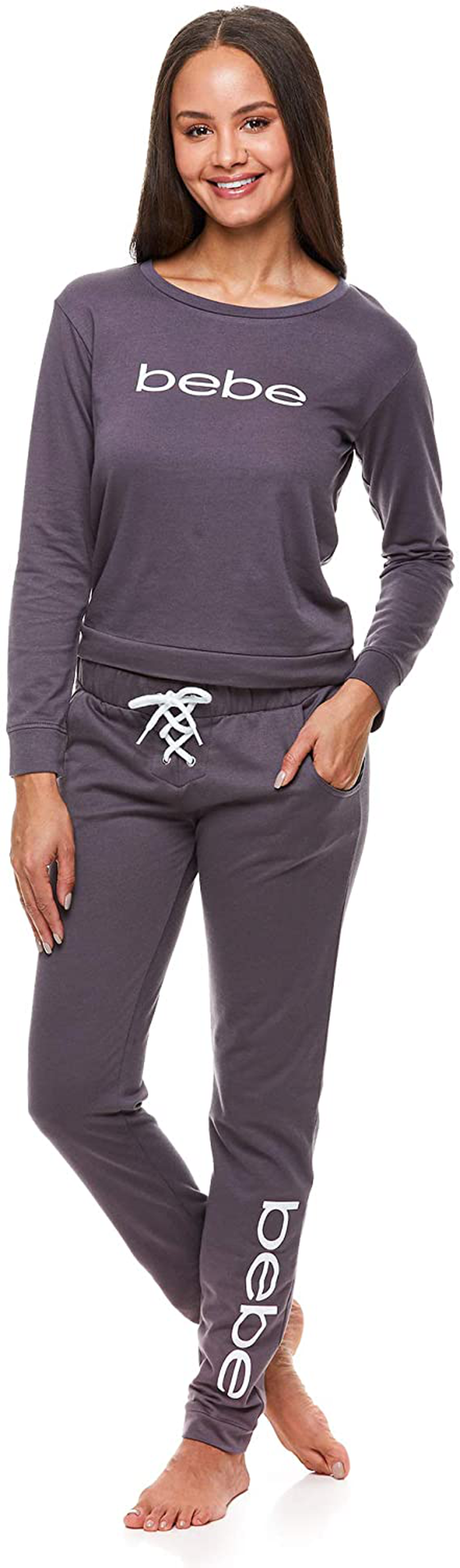 bebe Womens Cuffed Long Sleeve Shirt and Skinny Lounge Pajama Pants Sleep Set Apparel & Accessories > Clothing > Sleepwear & Loungewear > Pajamas bebe Midnight Lavendar W/ Pockets 1X