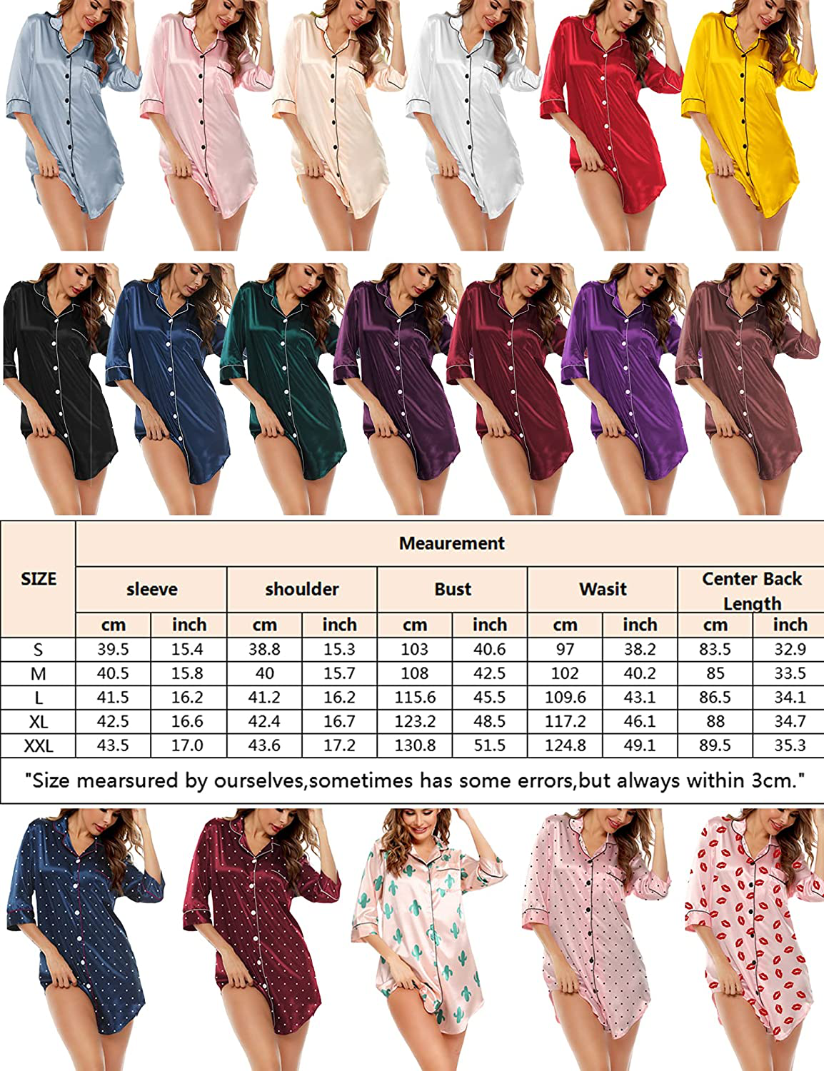 SWOMOG Women'S Satin Nightgown 3/4 Sleeve Sleepwear Button down Sleep Shirt Silk Nighty Pajama Top Apparel & Accessories > Clothing > Sleepwear & Loungewear > Nightgowns Kylie Max
