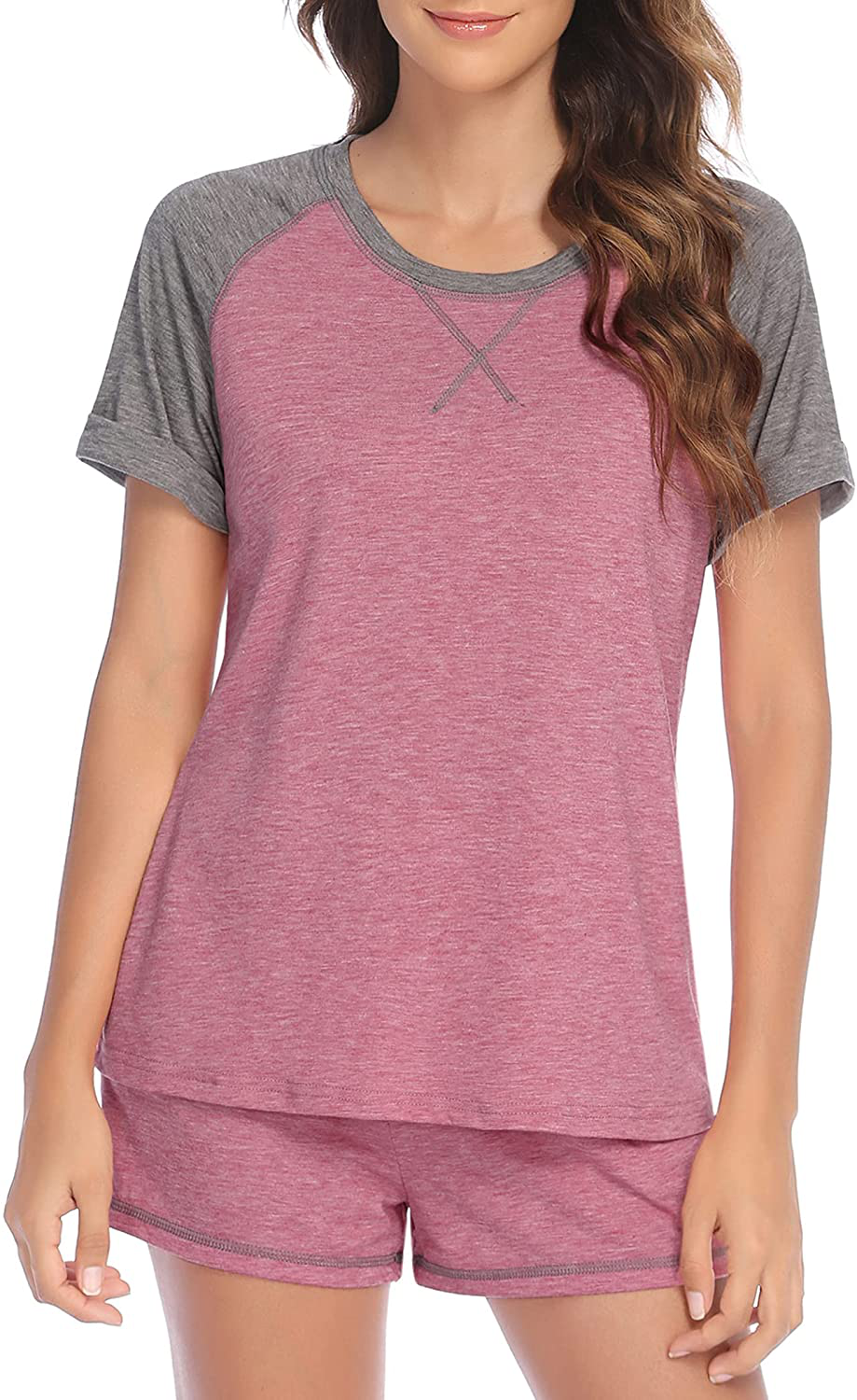 Ekouaer Women's Pajama Short Sleeve Sleepwear Soft Pj Set Top and Shorts Pajamas Set Apparel & Accessories > Clothing > Sleepwear & Loungewear > Pajamas Ekouaer Style 3_pink X-Large