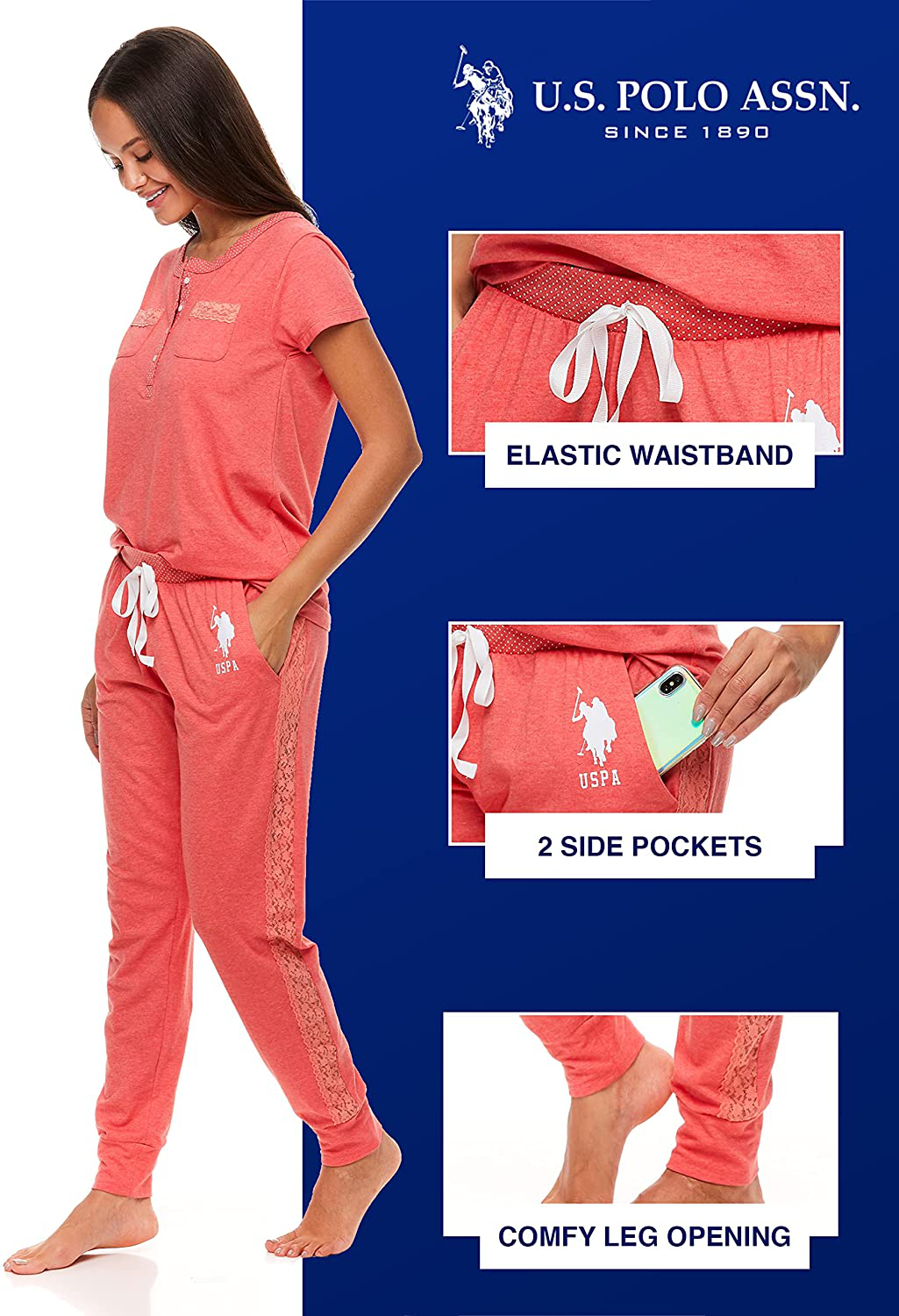 U.S. Polo Assn. Womens Pajama Set with Pockets - Short Sleeve Shirt and Pajama Pants Pj Set Apparel & Accessories > Clothing > Sleepwear & Loungewear > Pajamas U.S. Polo Assn.