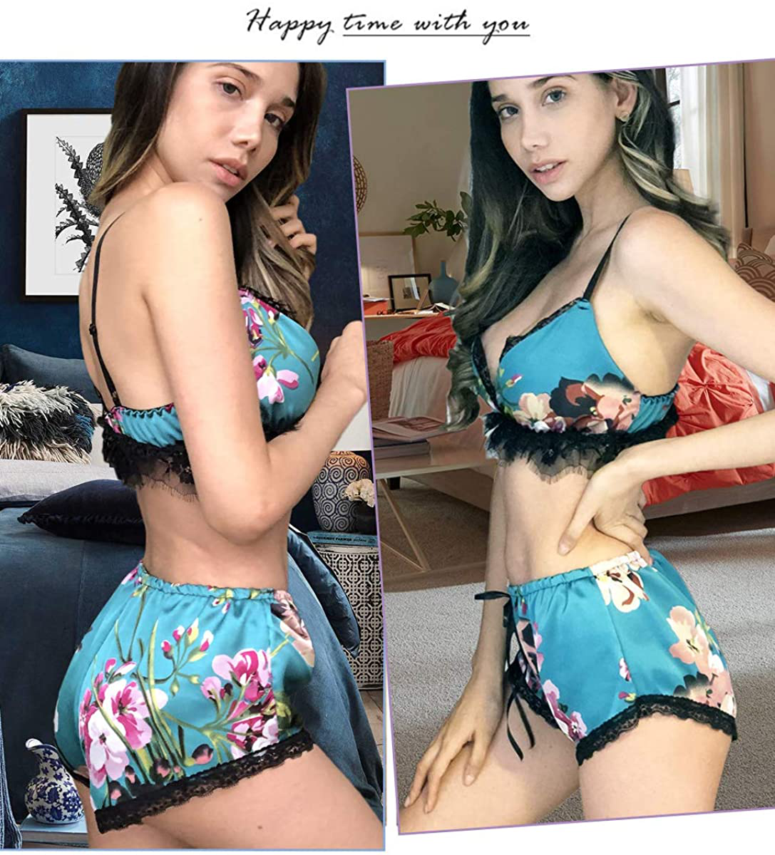 Lingerie for Women Floral Sexy Satin Pajama Sets Lace Trim Cami and Shorts Two Piece Straps Bralette and Panty Sleepwear Apparel & Accessories > Clothing > Sleepwear & Loungewear Kylie Max