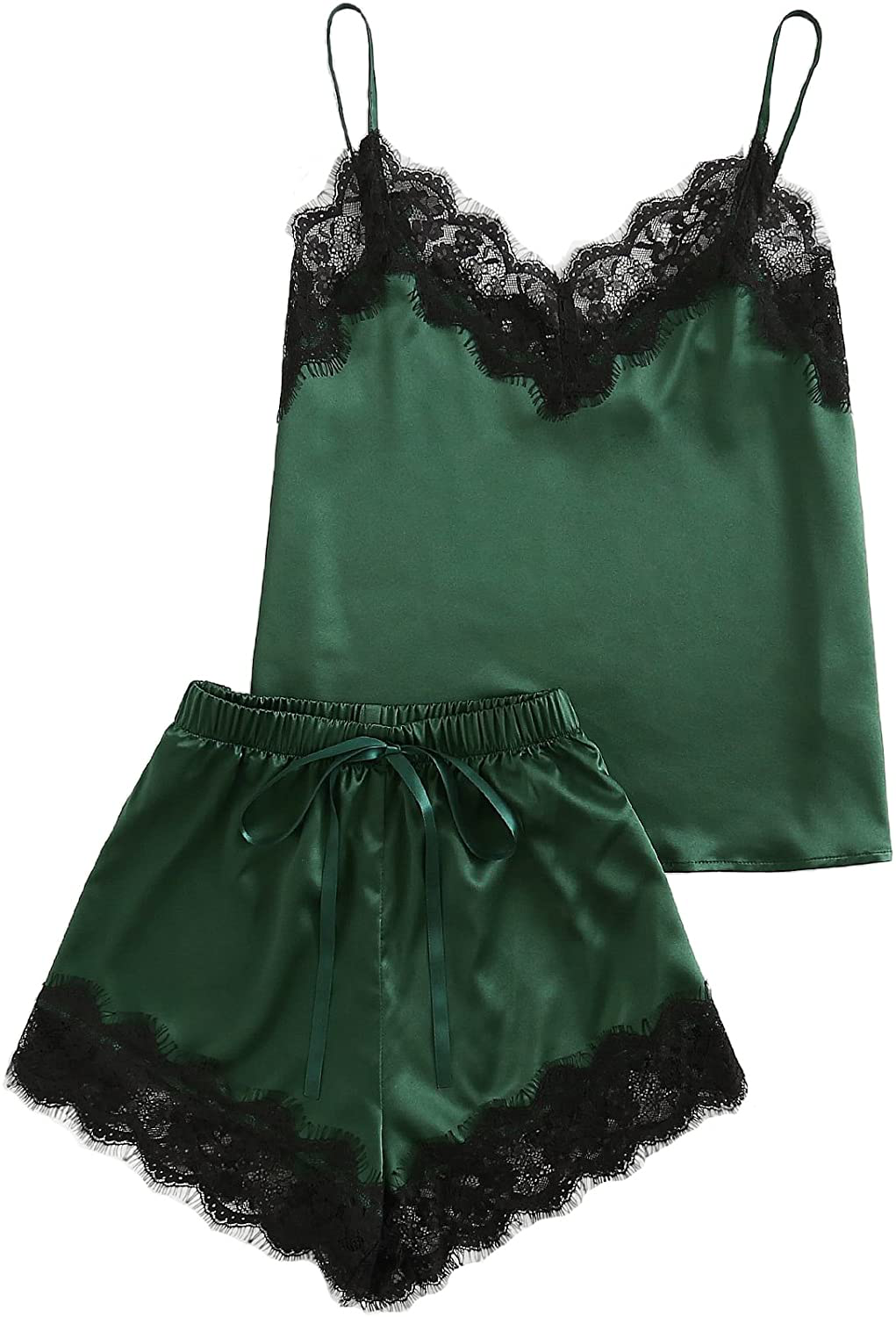Makemechic Women'S Lace Satin Sleepwear Cami Top and Shorts Pajama Set Apparel & Accessories > Clothing > Sleepwear & Loungewear Kylie Max