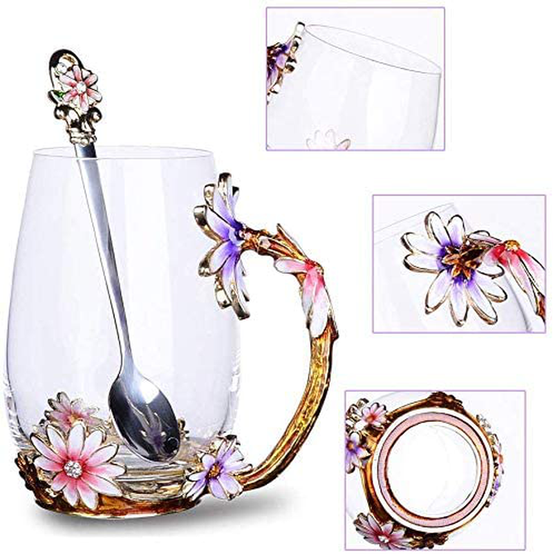 Luka Tech Enamels Butterfly flower Lead-free Glass Coffee Mugs Tea Cup with Steel Spoon, Best Birthday Gifts For Women Wife Mom Friends Mothers Valentines Day Christmas (Purple-Tall) Arts & Entertainment > Party & Celebration > Gift Giving Luka Tech