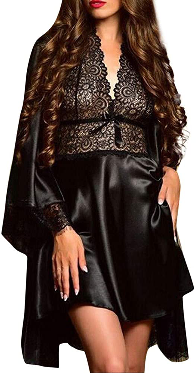 Women Satin Sleepwear Kimono Robe Sexy Lace Bodysuit Babydoll Lingerie Nightdress Pajamas Set Apparel & Accessories > Clothing > Underwear & Socks > Lingerie MOOKO Black Large