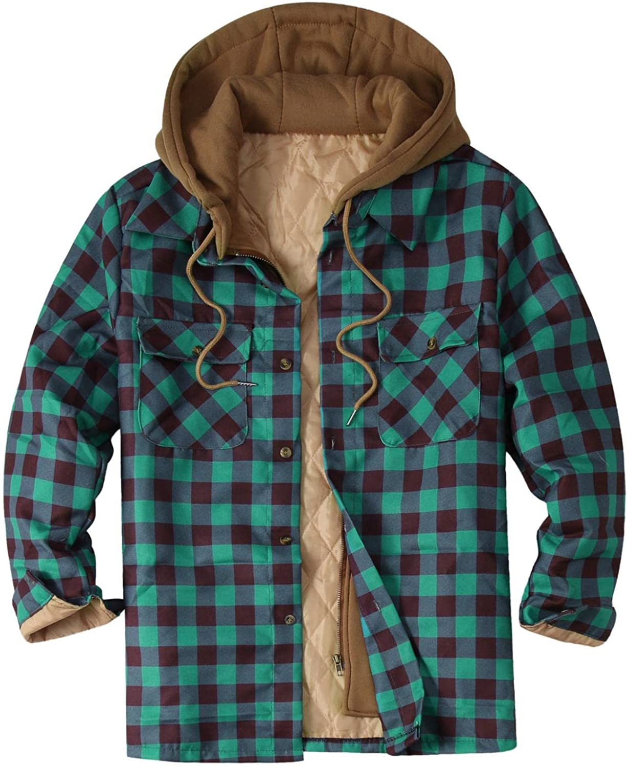 Merthy Mens Big and Tall Berber Lined Flannel Shirts Jacket Casual Long Sleeve Button down Hooded Plaid Parka Coat S-5XL Apparel & Accessories > Clothing > Underwear & Socks > Shapewear Merthy 05 Green Large
