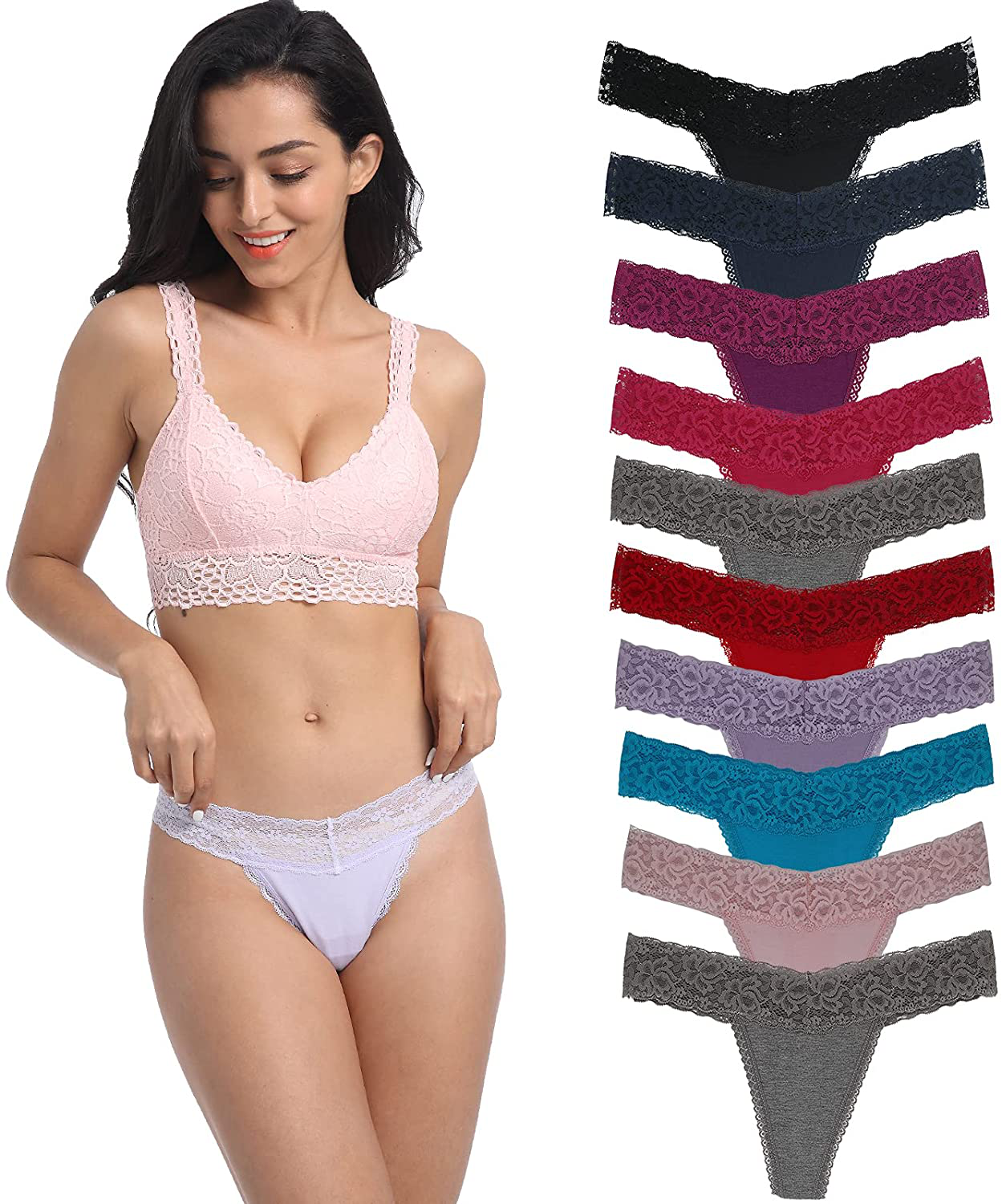 Women's Lace Thongs, T Back Low Waist See Through Panties Sexy Seamless V-Shape Design Lace Thongs for Women Apparel & Accessories > Clothing > Underwear & Socks > Underwear Delcroix Multicolor 10pcs X-Small