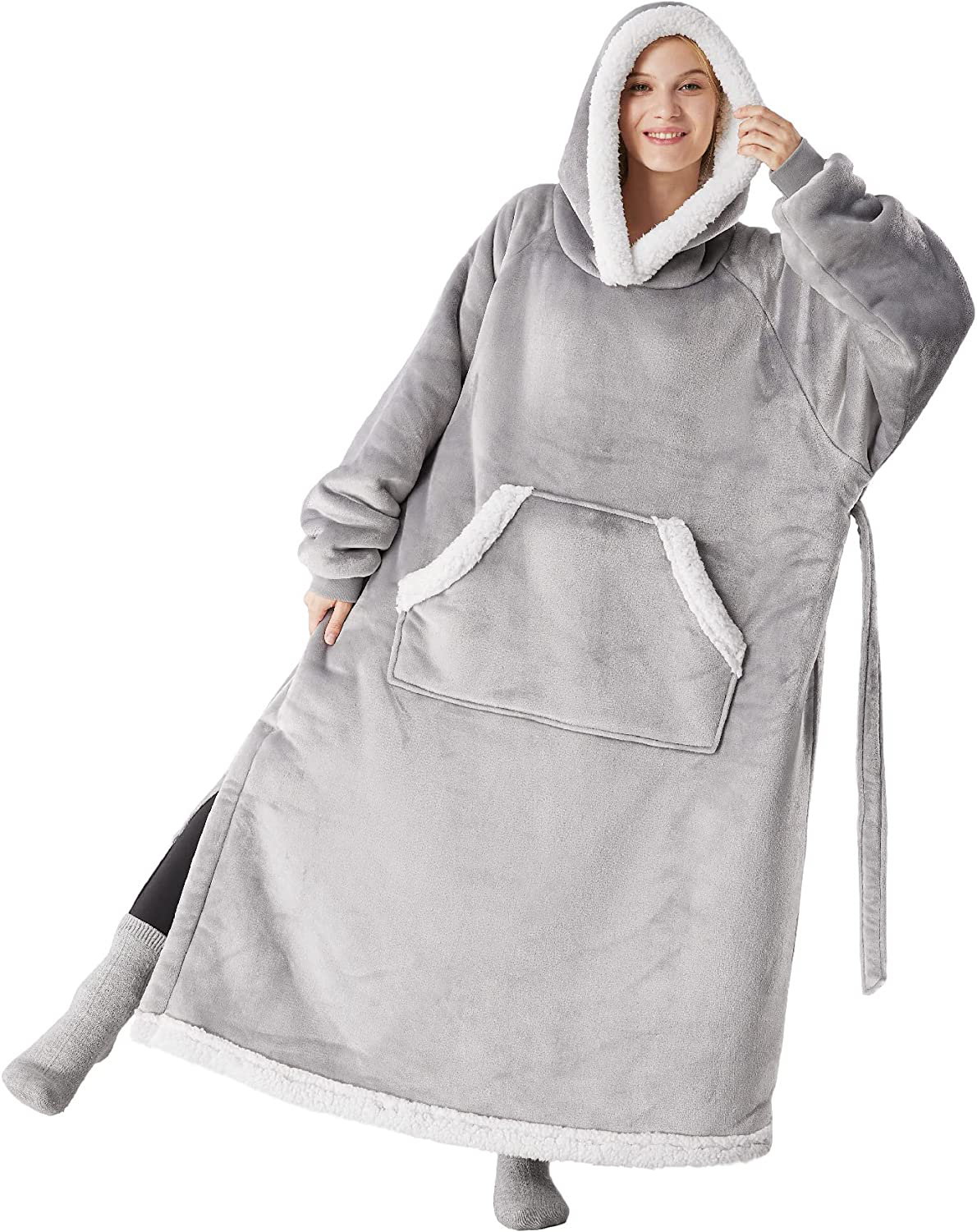 Bedsure Pink Wearable Blanket Hoodie Gift for Women- Long-Length Hooded Blanket Sweatshirt Adult with Side Split and Belt, Warm Sherpa Sweater Blanket Jacket Arts & Entertainment > Party & Celebration > Gift Giving Bedsure Grey Adult