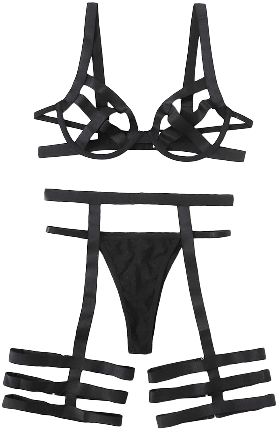 Shein Women'S Lingerie Set with Garter Belts 3 Piece Sexy Cut Out Lingerie Bodysuit Apparel & Accessories > Clothing > Underwear & Socks > Lingerie SheIn Black Large