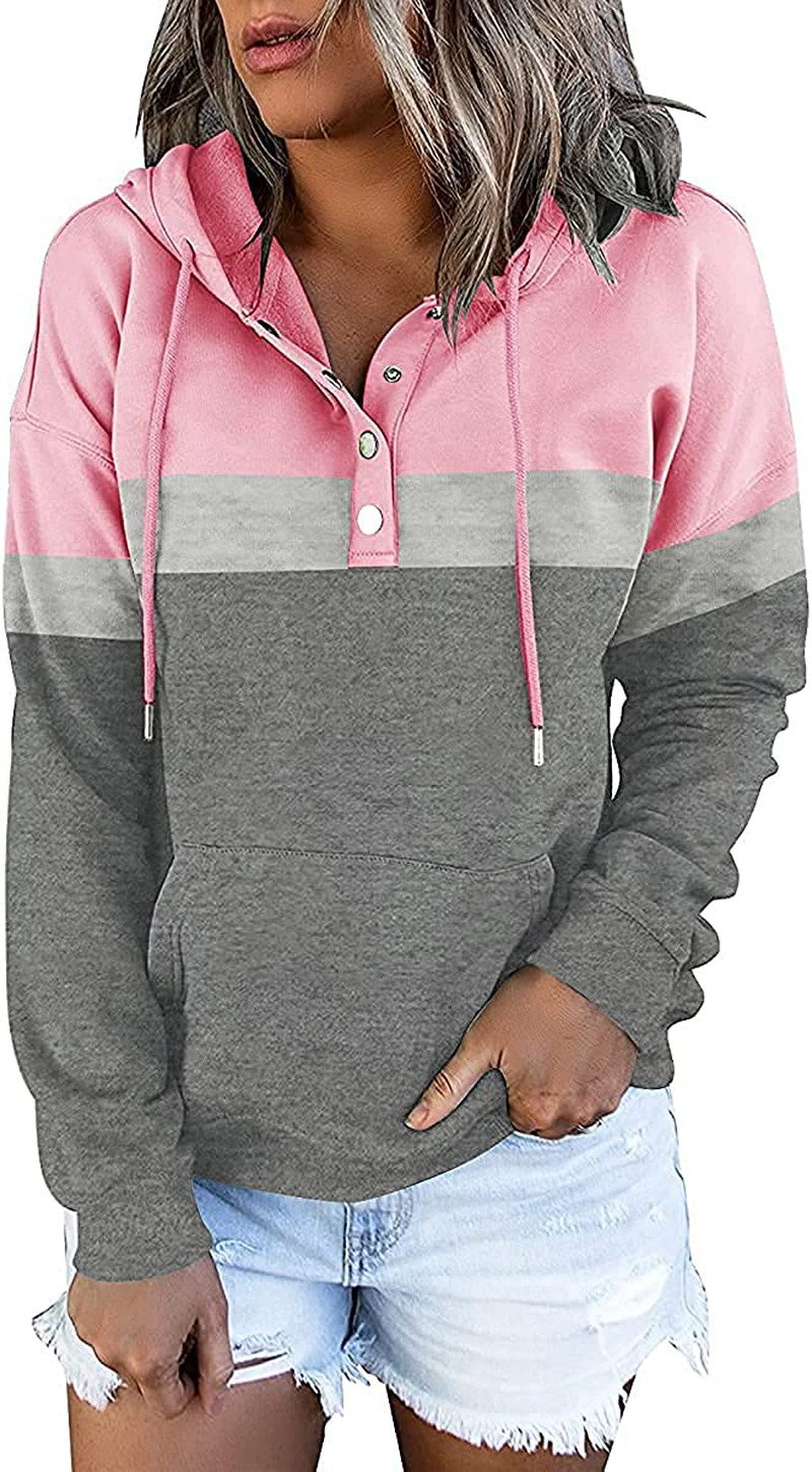 ETCYY Women'S Color Block Hoodies Tops Long Sleeve Casual Drawstring Button down Pullover Sweatshirt with Pocket Apparel & Accessories > Clothing > Activewear Kylie Max