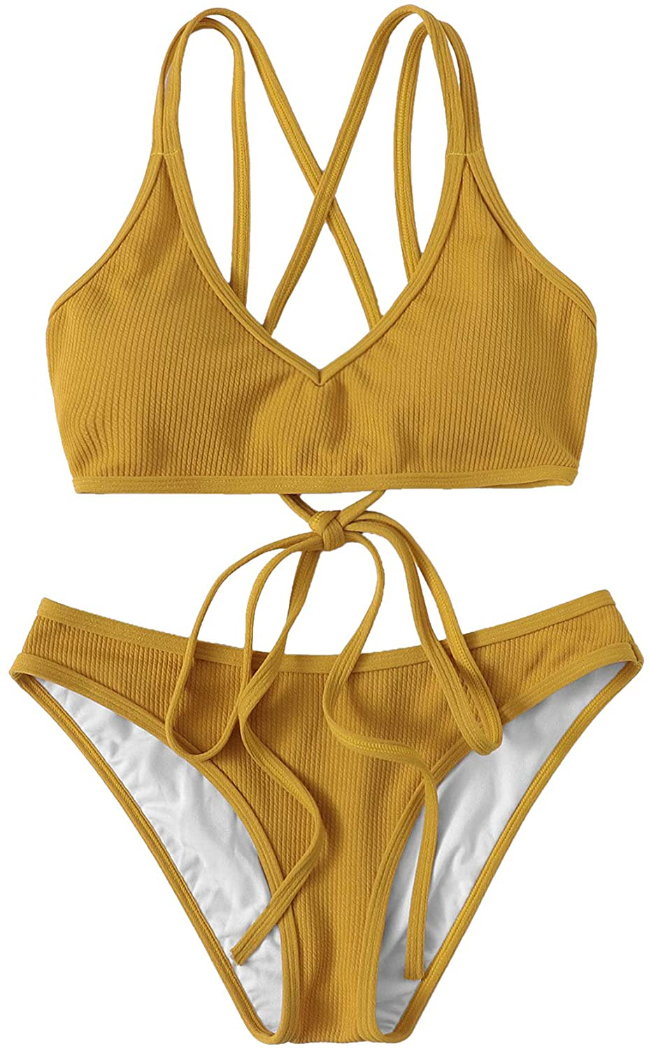 SweatyRocks Women's Bathing Suits Spaghetti Strap Criss Cross Back Bikini Ribbed Swimsuit Apparel & Accessories > Clothing > Swimwear SweatyRocks Ginger Medium