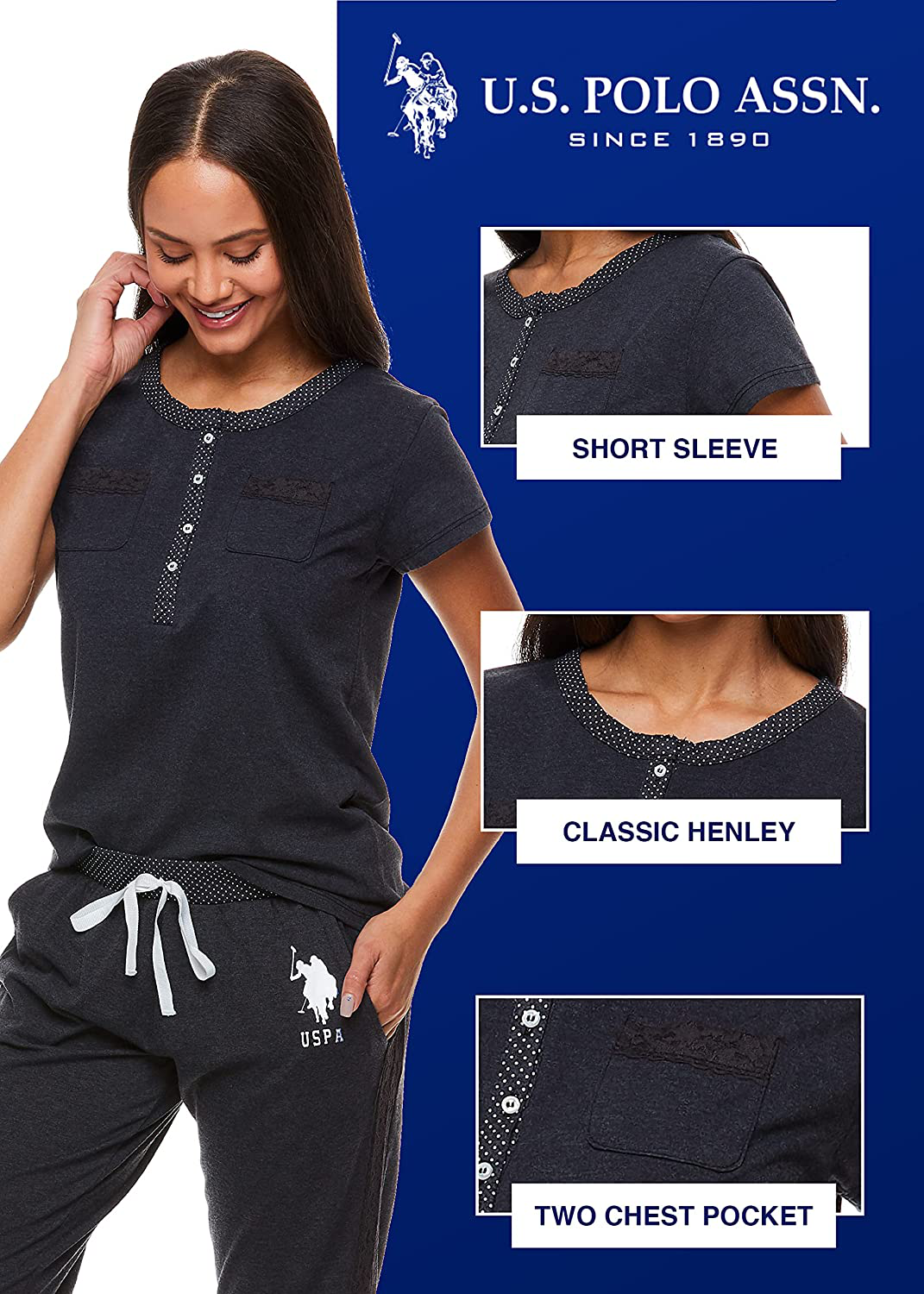 U.S. Polo Assn. Womens Pajama Set with Pockets - Short Sleeve Shirt and Pajama Pants Pj Set Apparel & Accessories > Clothing > Sleepwear & Loungewear > Pajamas U.S. Polo Assn.