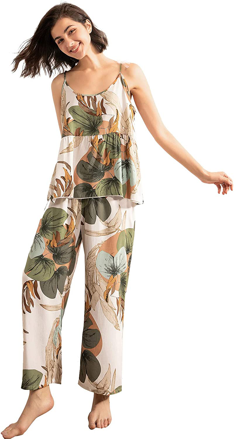 WDIRARA Women'S 3 Pcs Sleepwear Leaf Print Cami and Pants Pajama Set with Robe Apparel & Accessories > Clothing > Sleepwear & Loungewear Kylie Max