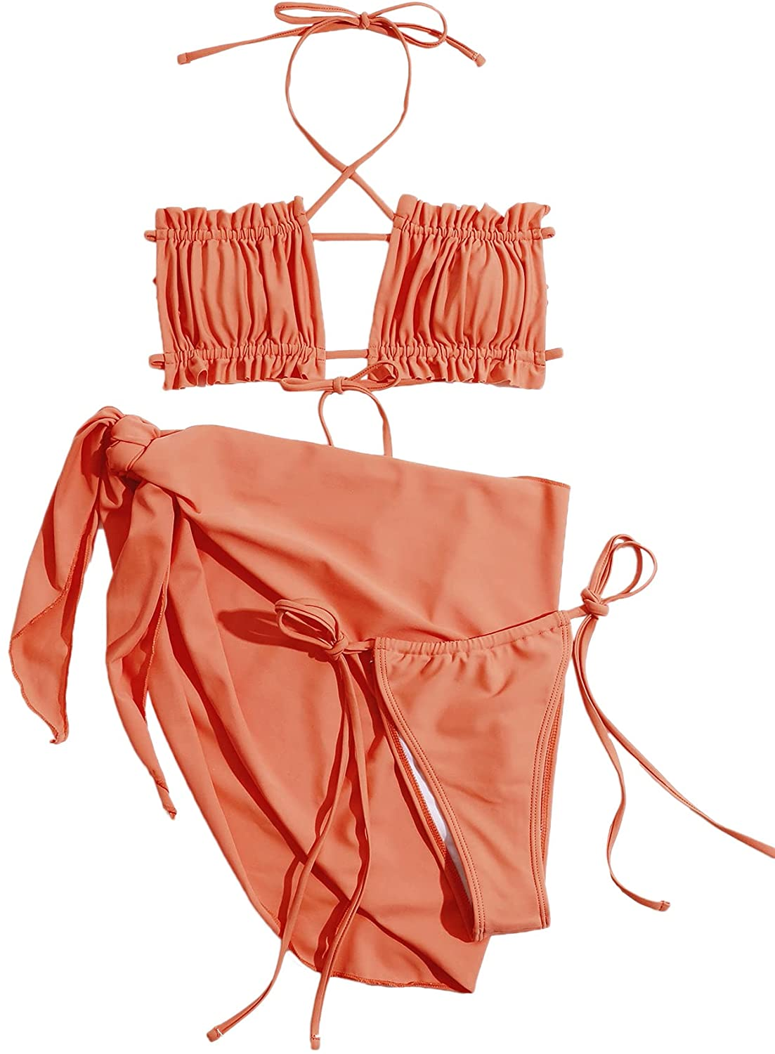 SOLY HUX Women'S Tie Dye Wrap Bikini Bathing Suits with Mesh Beach Skirt 3 Piece Swimsuits Apparel & Accessories > Clothing > Underwear & Socks > Lingerie KYLIE MAX Orange Large