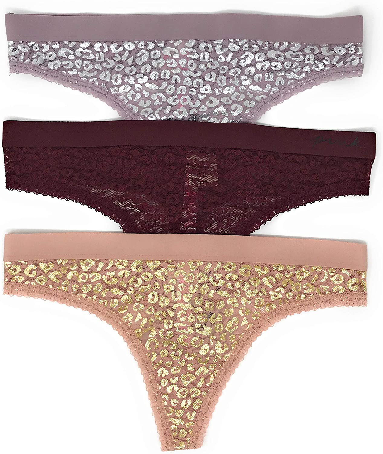 Victoria's Secret PINK Thong Panty Set of 3 Apparel & Accessories > Clothing > Underwear & Socks > Underwear Victoria's Secret Lace Mauve Shine / Ruby / Rose Shine Medium