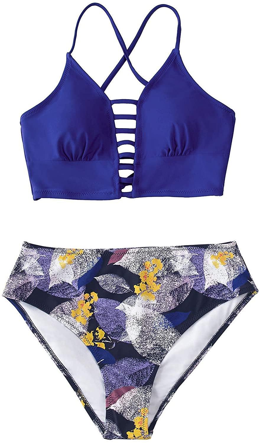 CUPSHE Women’s Bikini Swimsuit Floral Print Lace Up Multi Color Strappy Two Piece Bathing Suit Apparel & Accessories > Clothing > Swimwear CUPSHE Blue Floral Medium