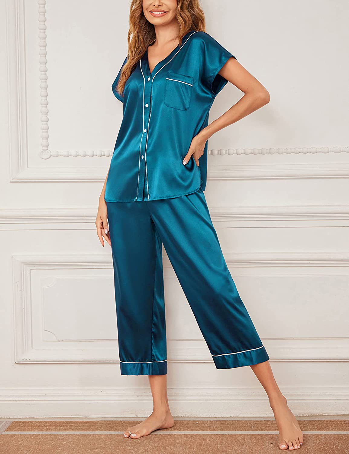 Ekouaer Women Silk Satin Pajamas Button down Lounge Sets Short Sleeve Sleepwear Apparel & Accessories > Clothing > Sleepwear & Loungewear > Pajamas Kylie Max