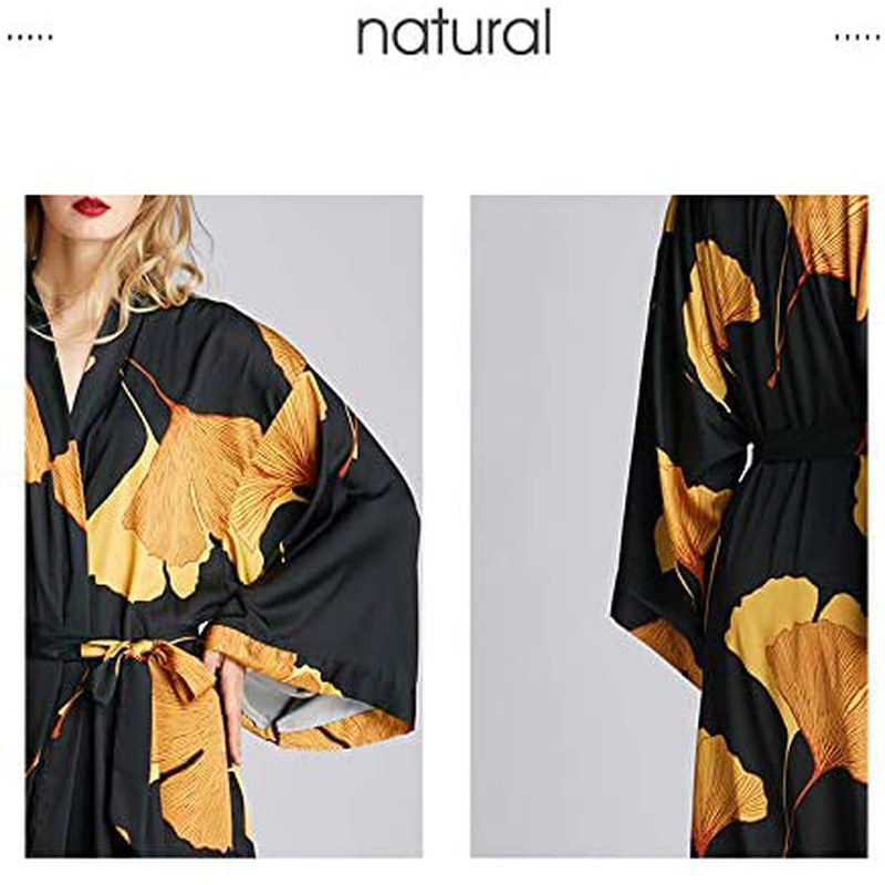 EORUBE Women'S Kimono Robe Long Ginkgo Leaf Printed Satin Robe Bride Bridesmaid Dressing Gown Apparel & Accessories > Clothing > Sleepwear & Loungewear > Robes EORUBE