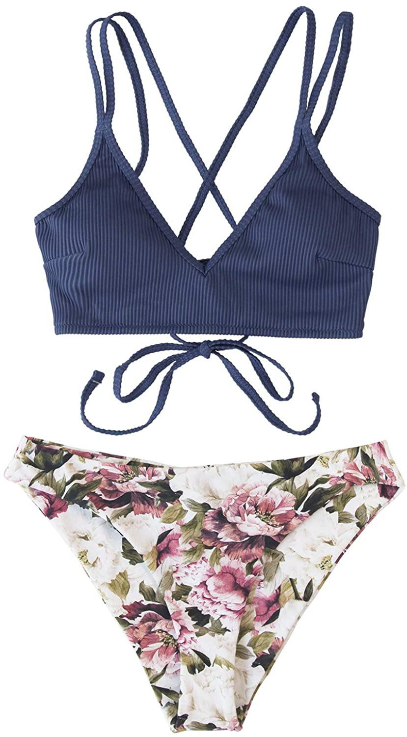 CUPSHE Women'S Bikini Swimsuit V Neck Floral Print Lace up Two Piece Bathing Suit Kylie Max