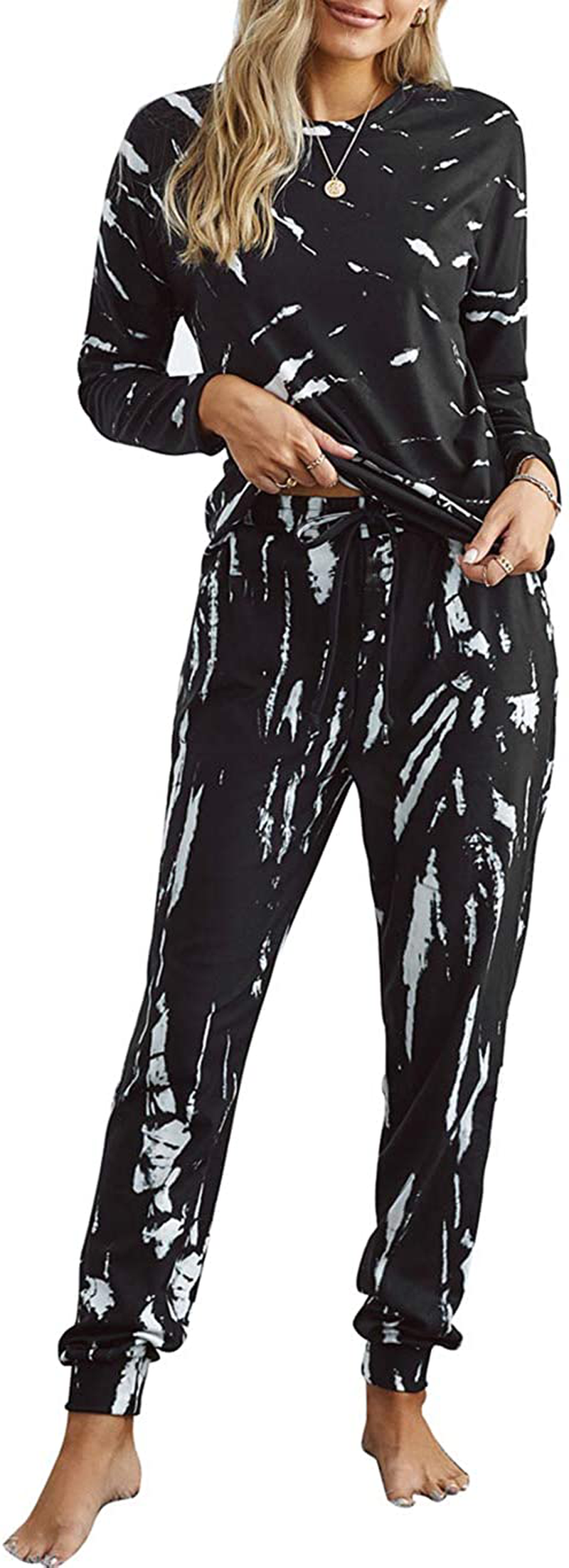 KIRUNDO Women’s Tie Dye Pajamas Set Long Sleeves Jogger PJ Sets Two Pieces Round Neck Loungewear Nightwear Sleepwear Apparel & Accessories > Clothing > Sleepwear & Loungewear > Pajamas KIRUNDO Black Medium