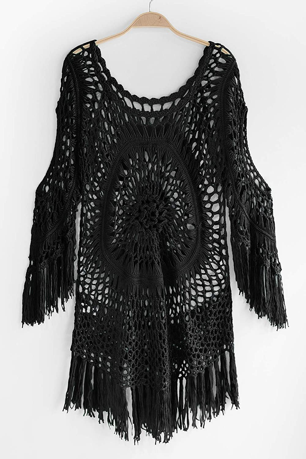 CUPSHE Women'S Cover up White Crochet Hollow Out Tassel Swimsuit Three Quarter Sleeve Apparel & Accessories > Clothing > Swimwear Kylie Max