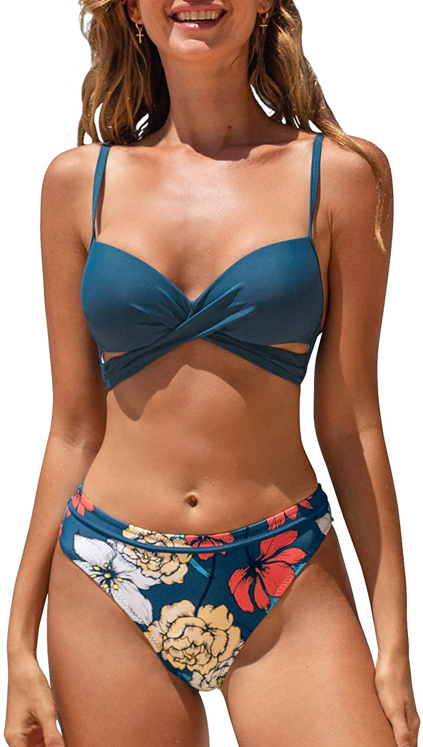 CUPSHE Women's Leafy Wrap Tie Bikini Set Halter Back Bow Low Waisted Bathing Suit Apparel & Accessories > Clothing > Swimwear KYLIE MAX Anchusa Medium