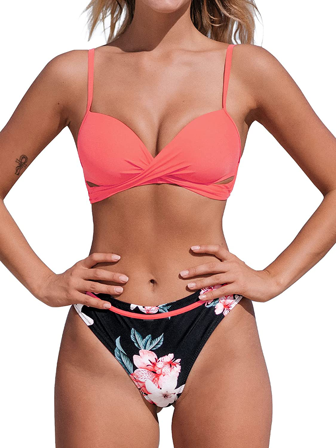 CUPSHE Women's Leafy Wrap Tie Bikini Set Halter Back Bow Low Waisted Bathing Suit Apparel & Accessories > Clothing > Swimwear KYLIE MAX Watermelon Large