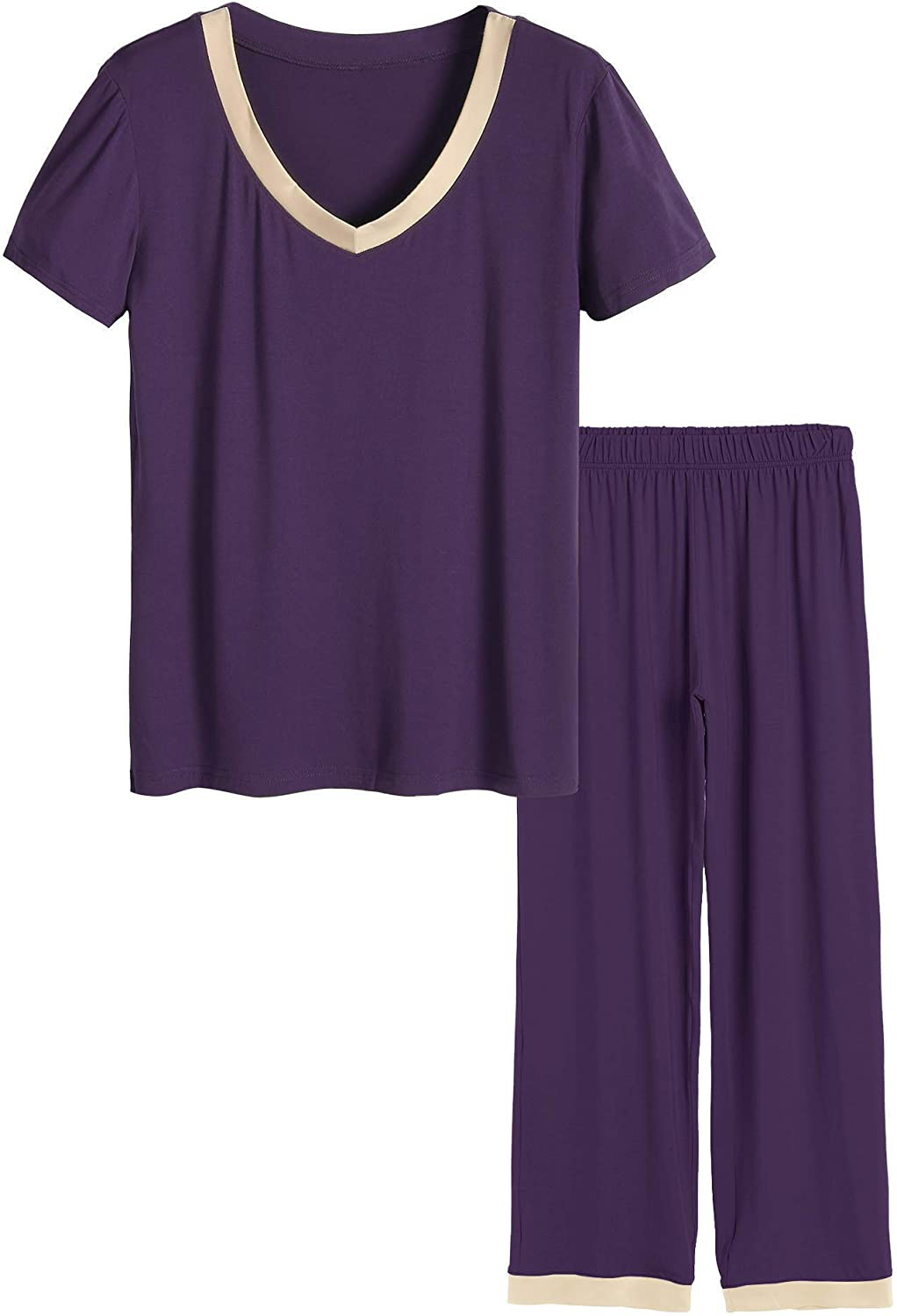 Latuza Women's V-neck Sleepwear Short Sleeves Top with Pants Pajama Set Apparel & Accessories > Clothing > Sleepwear & Loungewear > Pajamas Latuza Eggplant XX-Large Plus
