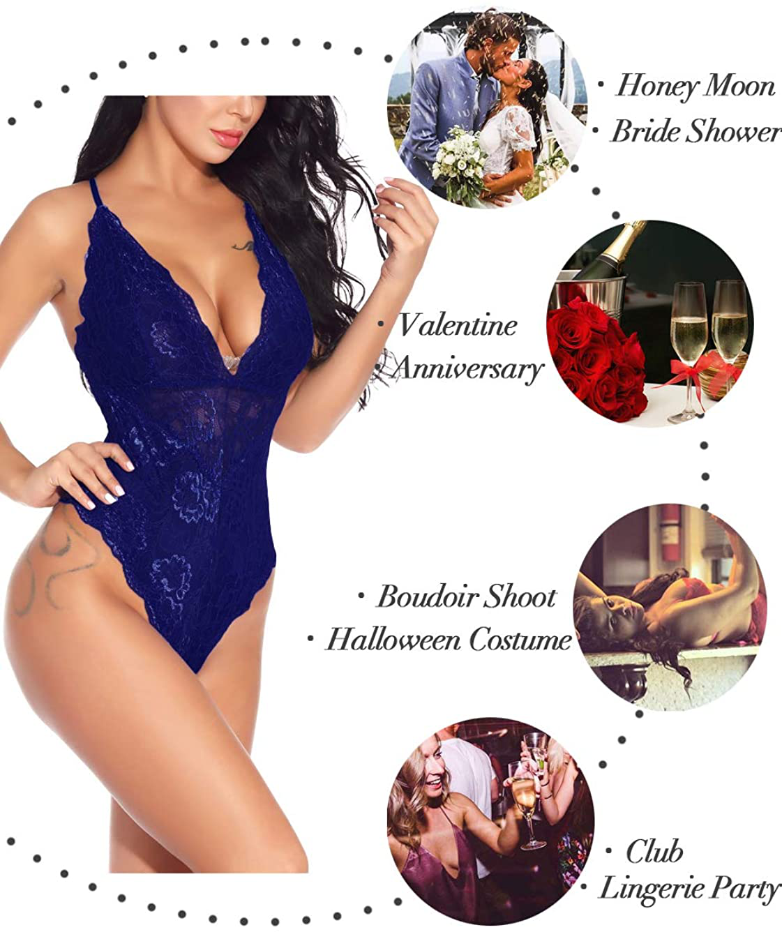 Kaei&Shi V-Neck See Through Lingerie Floral Lace Babydoll Sexy Lingerie for Women One Piece Bodysuit Apparel & Accessories > Clothing > Underwear & Socks > Lingerie Kaei&Shi