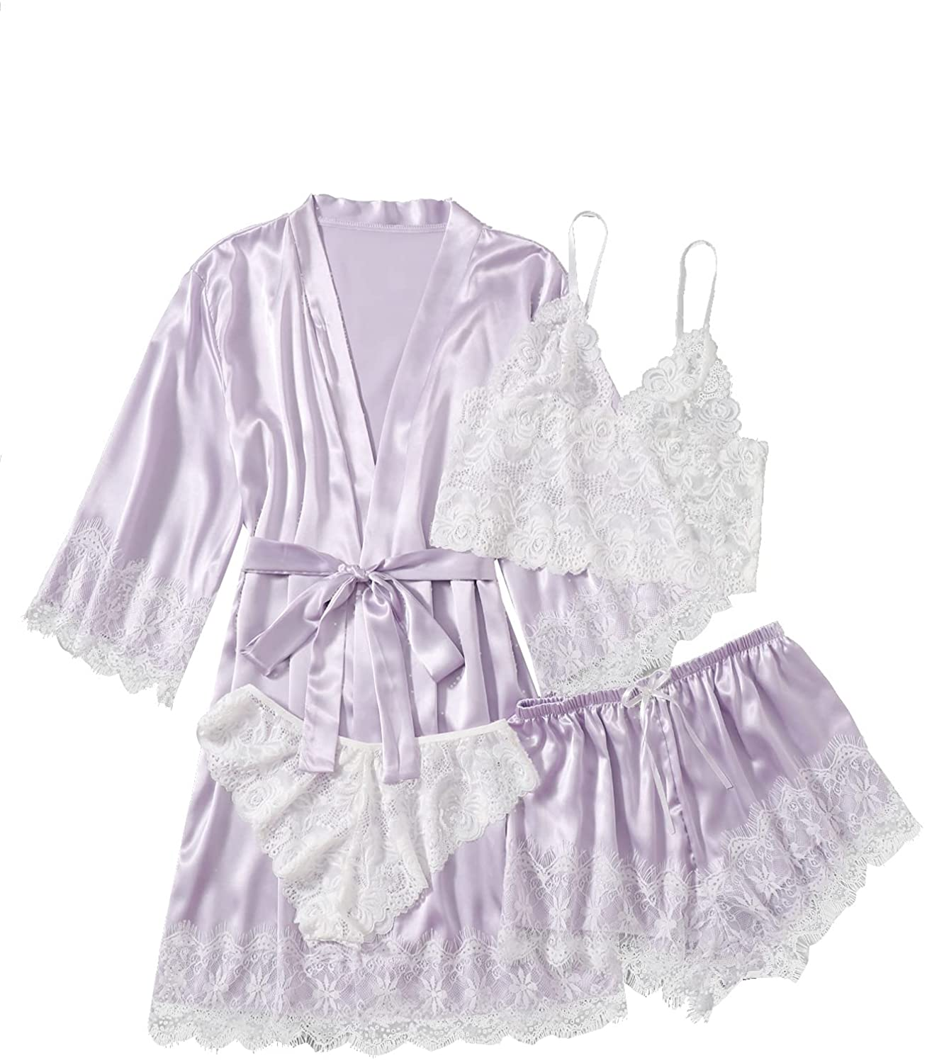 WDIRARA Women'S 4 Pieces Satin Floral Lace Cami Top Lingerie Pajama Set with Robe Apparel & Accessories > Clothing > Underwear & Socks > Lingerie WDIRARA Light Purple X-Small
